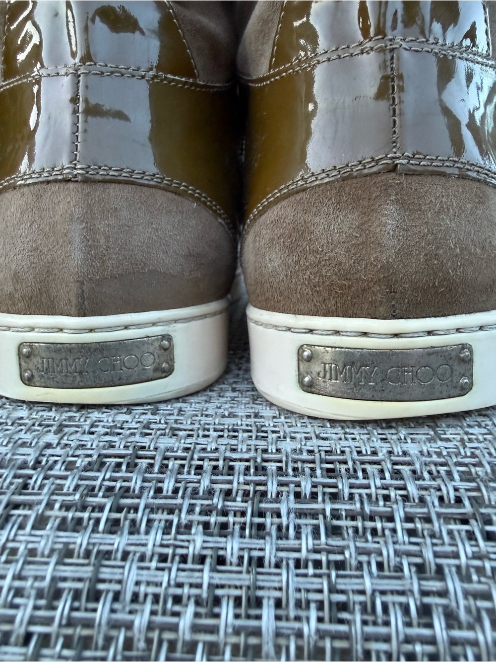 Jimmy Choo Tokyo High Top Suede Patent Leather Sneaker Women's Sz 37.5 /US 7.5-8 - Picture 11 of 16